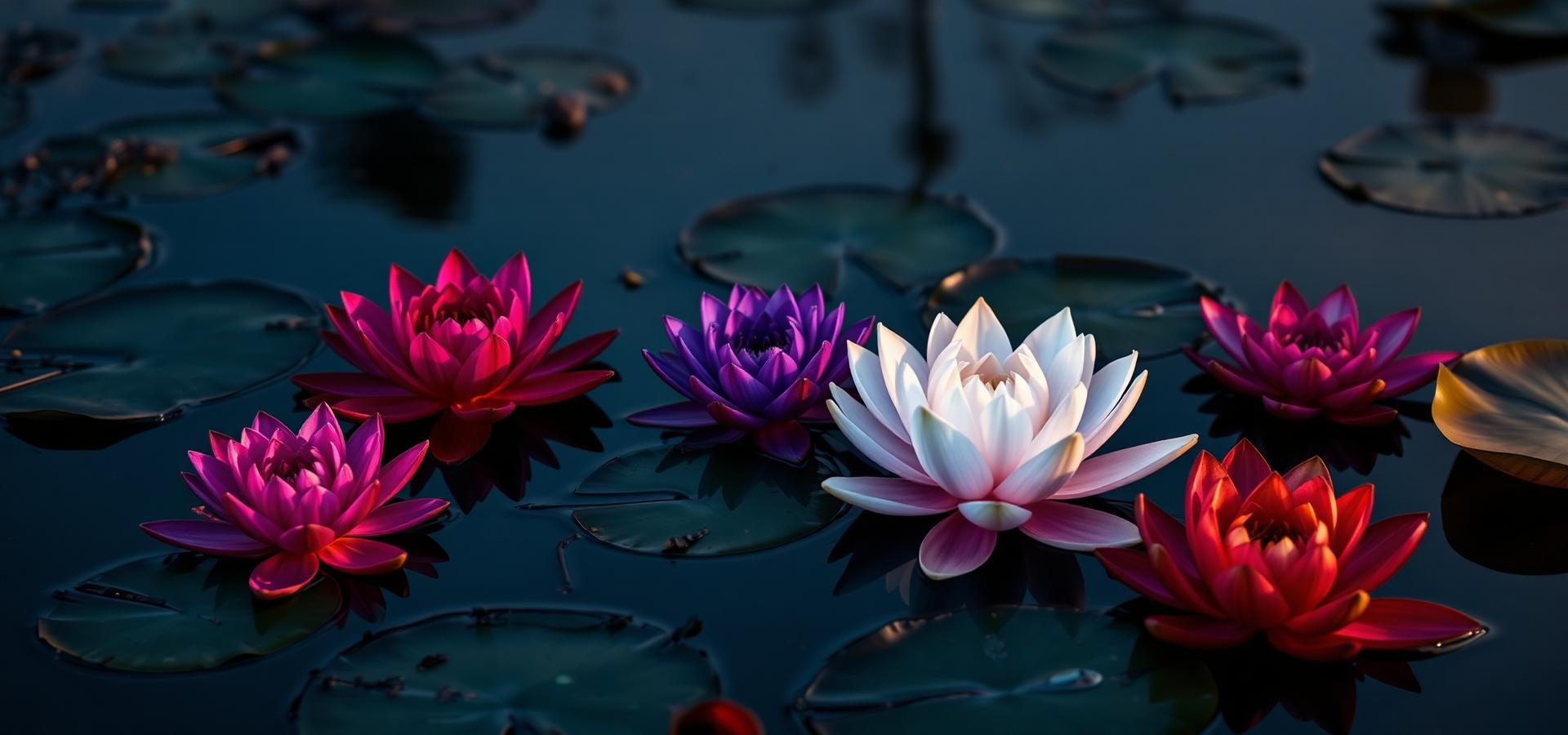 Assorted water lilies floating on a dark pond